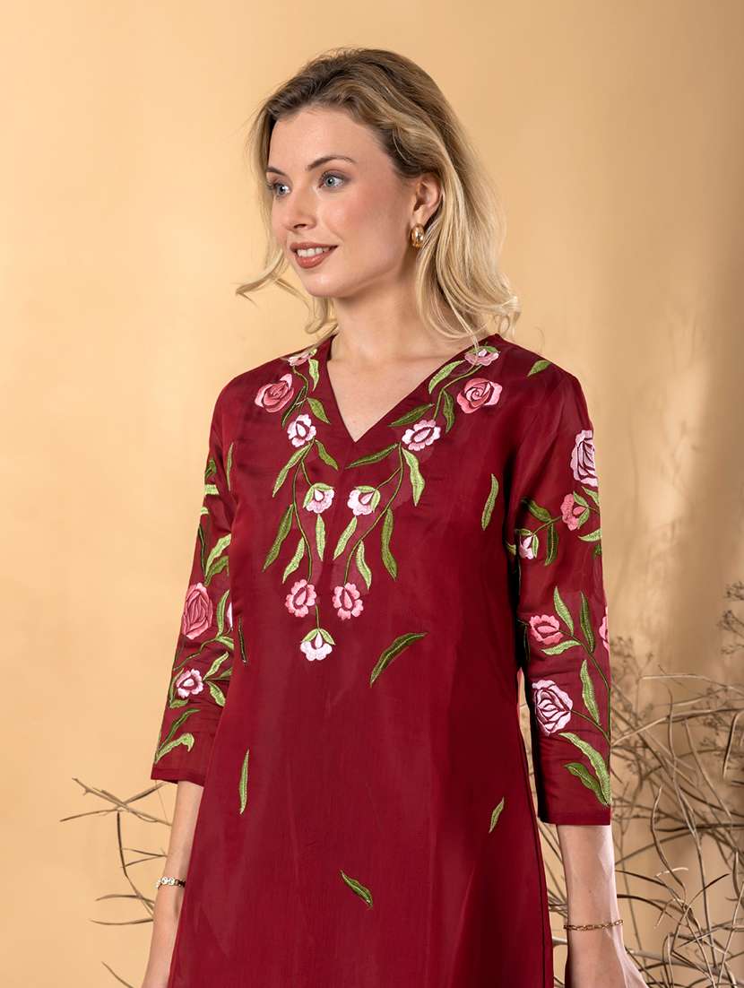 women solid with work three quarter sleeve kurta pant with dupatta set - 22187465 -  Standard Image - 4