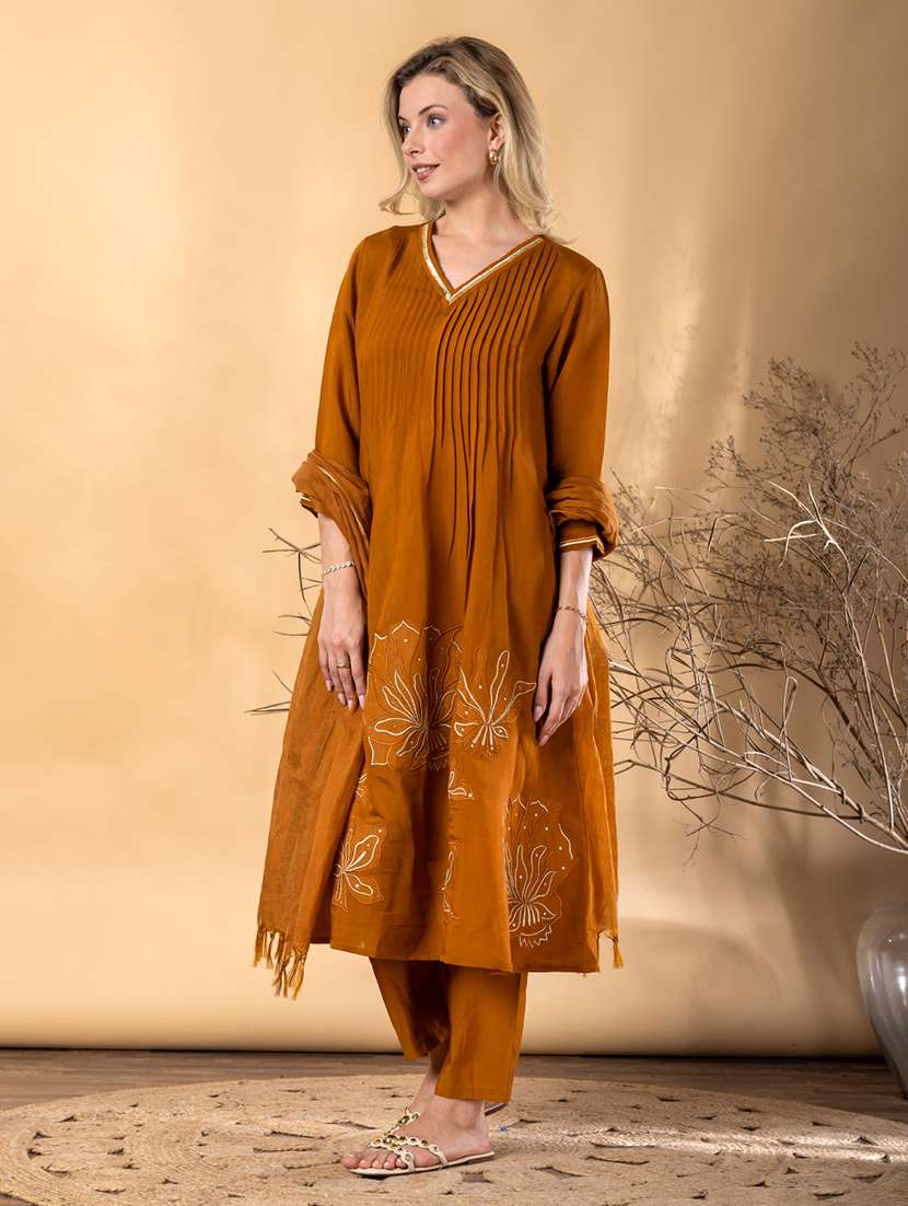 women solid with work three quarter sleeve kurta pant with dupatta set - 22187466 -  Standard Image - 1