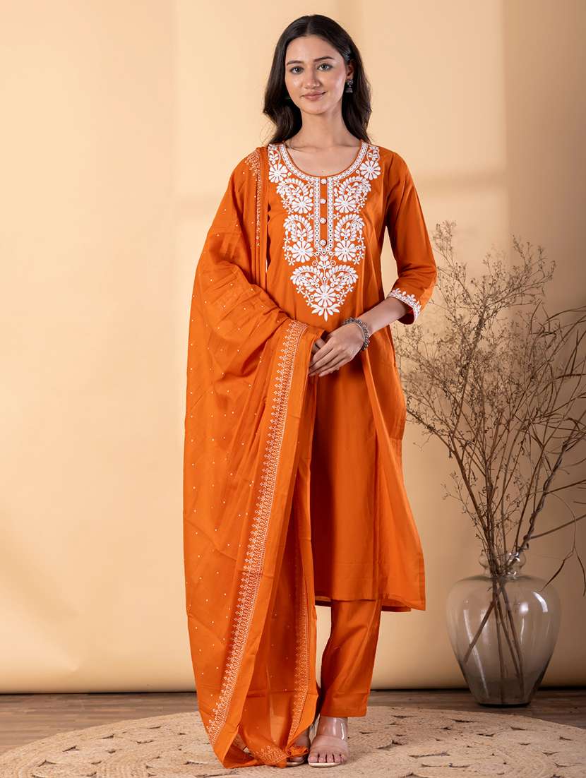 women solid with work three quarter sleeve kurta pant with dupatta set