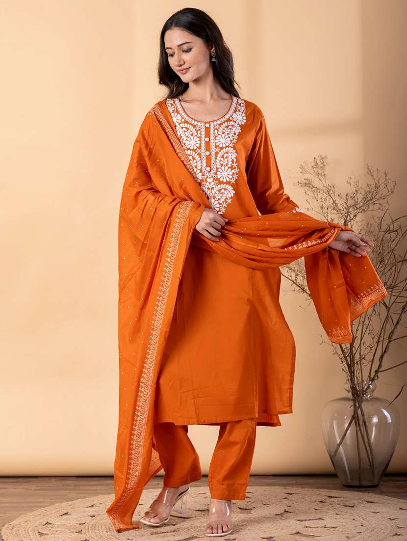 women solid with work three quarter sleeve kurta pant with dupatta set - 22187468 -  Standard Image - 1