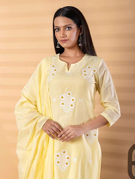 women solid with work three quarter sleeve kurta pant with dupatta set - 22187488 -  Standard Image - 4