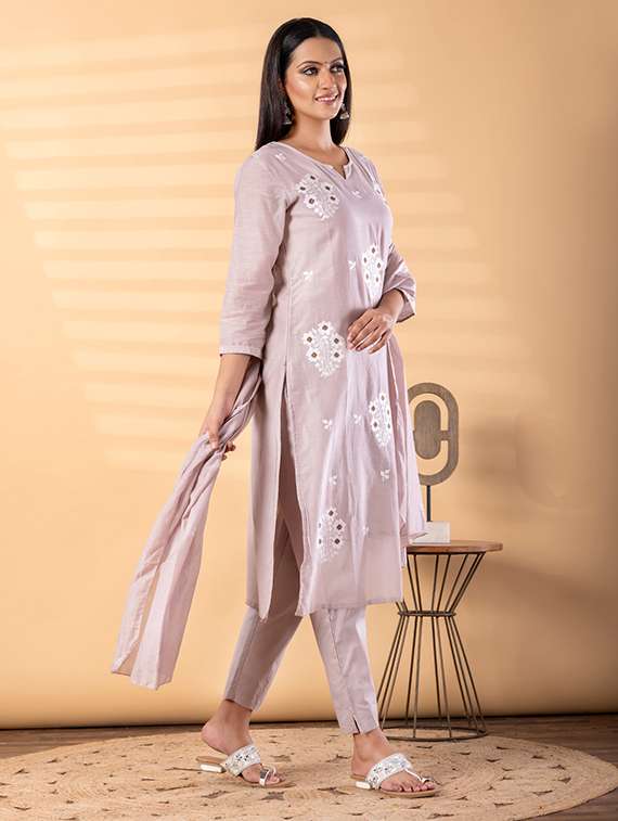 women solid with work three quarter sleeve kurta pant with dupatta set - 22187490 -  Standard Image - 1