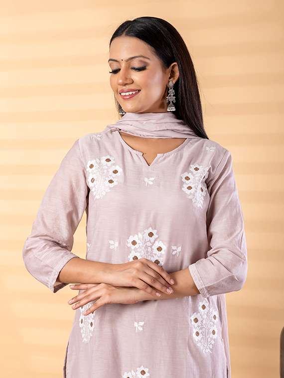 women solid with work three quarter sleeve kurta pant with dupatta set - 22187490 -  Standard Image - 4