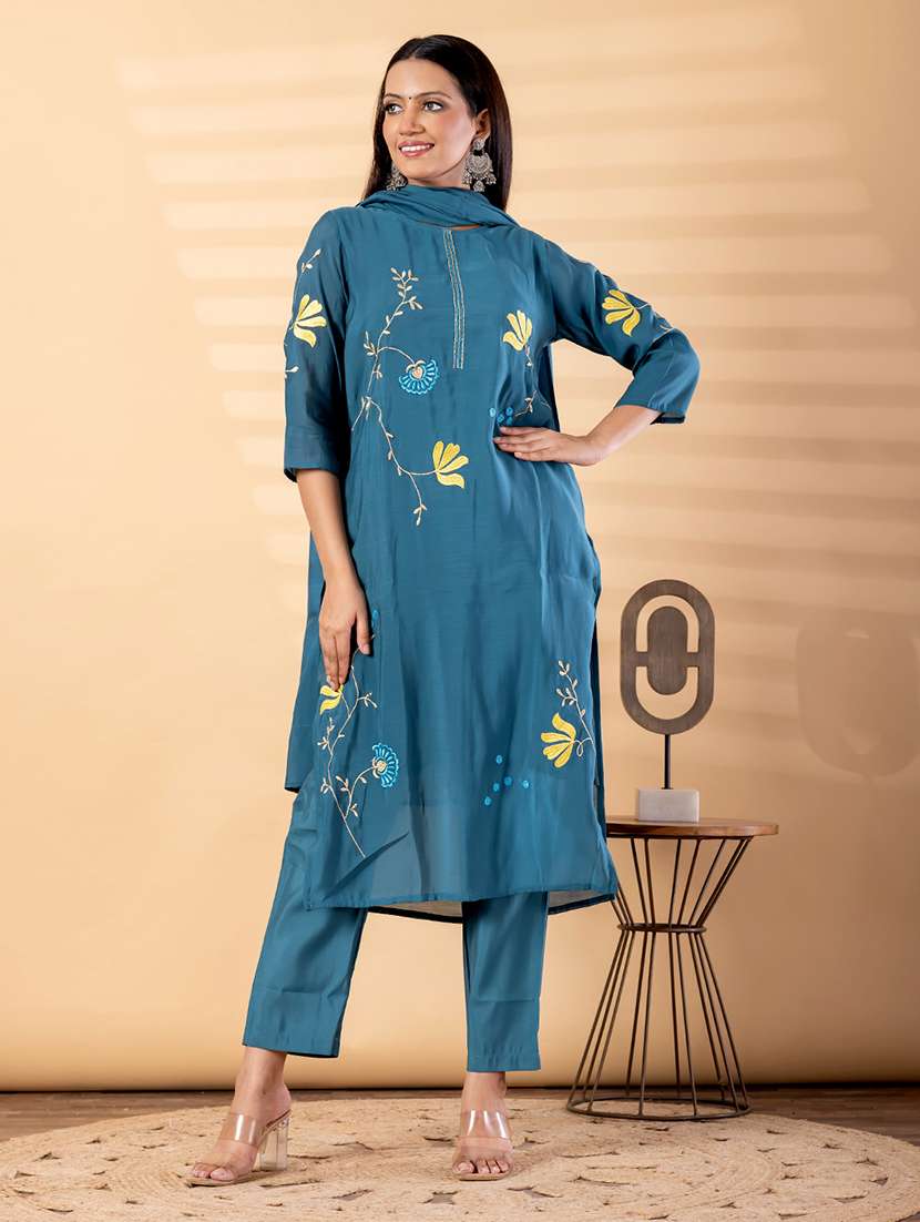 Women Solid With Work Three Quarter Sleeve Kurta Pant With Dupatta Set - 22187491 -  Standard Image - 1