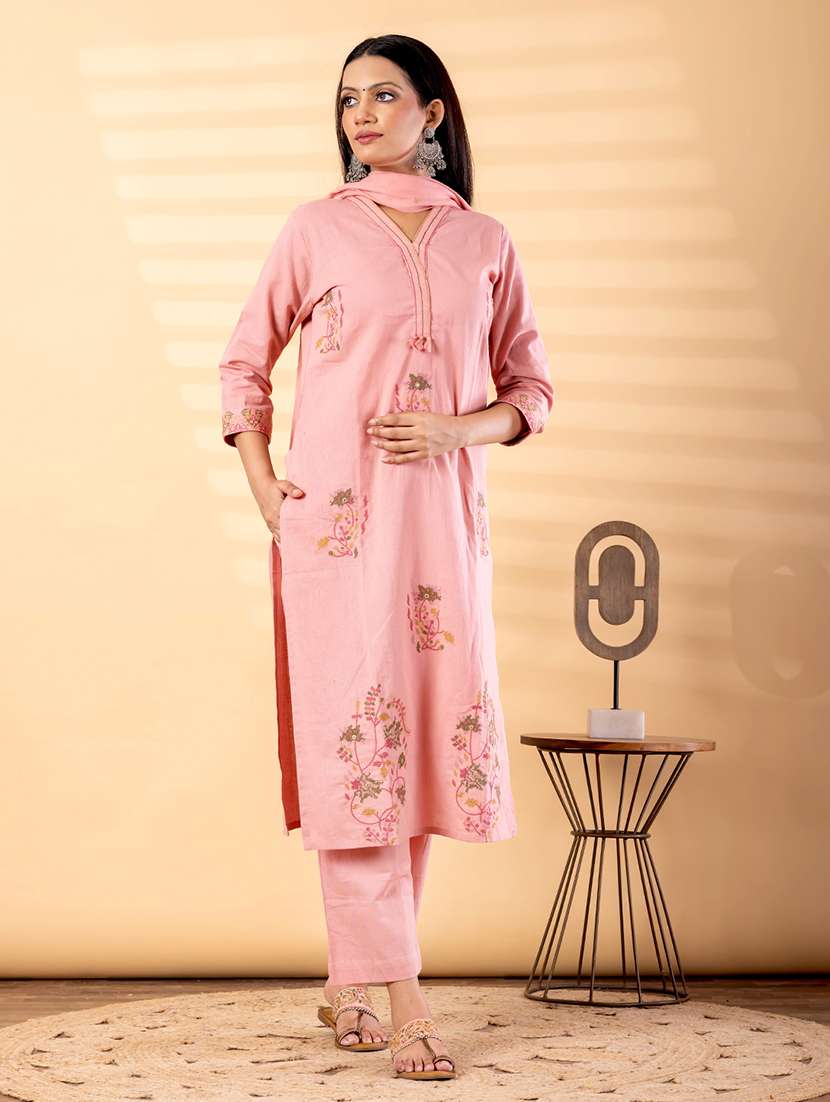 women solid with work three quarter sleeve kurta pant with dupatta set - 22187496 -  Standard Image - 1
