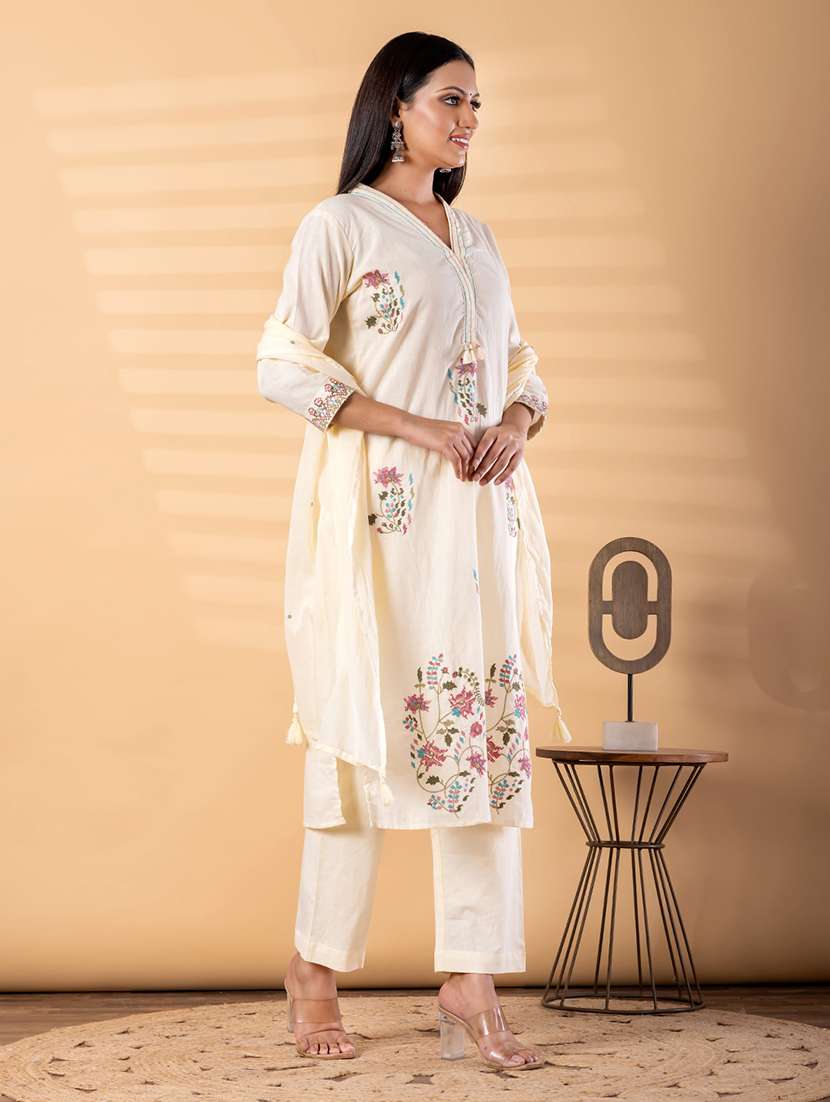 women solid with work three quarter sleeve kurta pant with dupatta set - 22187497 -  Standard Image - 1