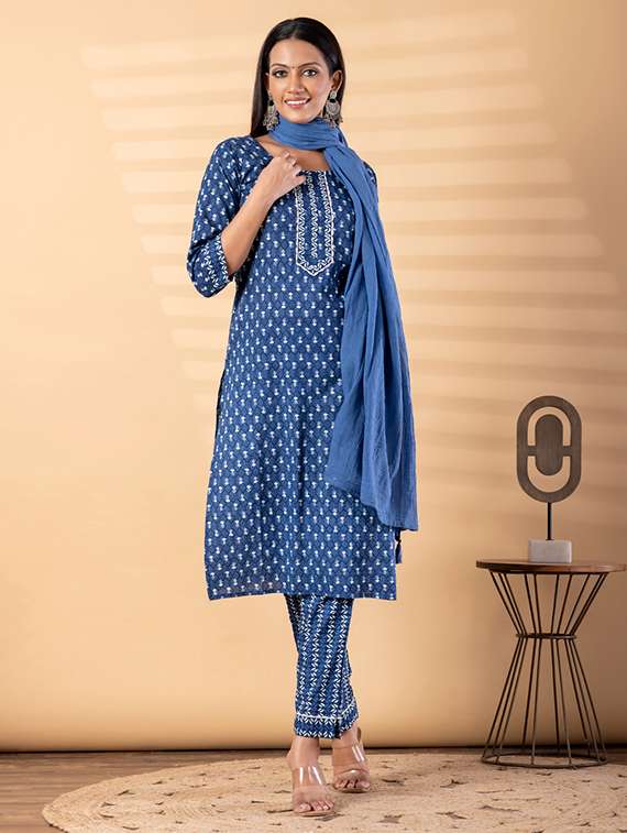 women printed three quarter sleeve kurta pant with dupatta set - 22187505 -  Standard Image - 1