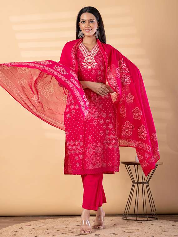 women printed three quarter sleeve kurta pant with dupatta set - 22187506 -  Standard Image - 1