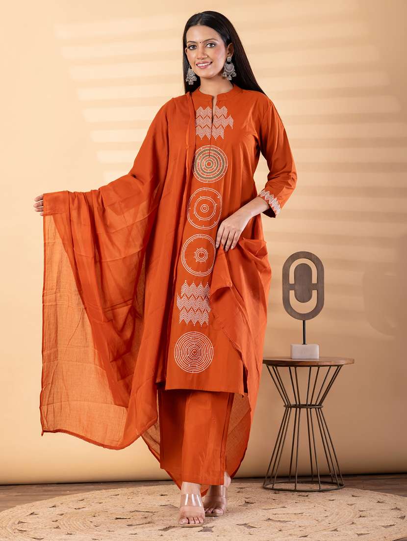 women solid with work three quarter sleeve kurta palazzo with dupatta set - 22187509 -  Standard Image - 1