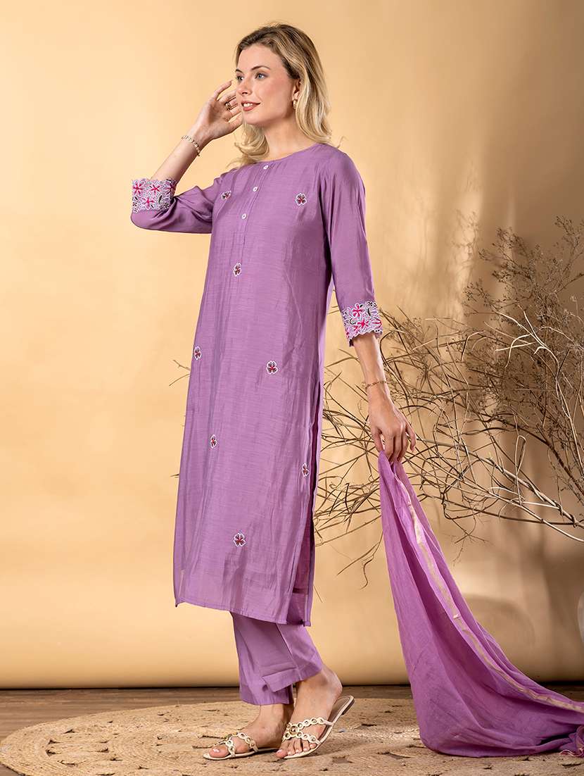 women solid with work three quarter sleeve kurta pant with dupatta set - 22187514 -  Standard Image - 1