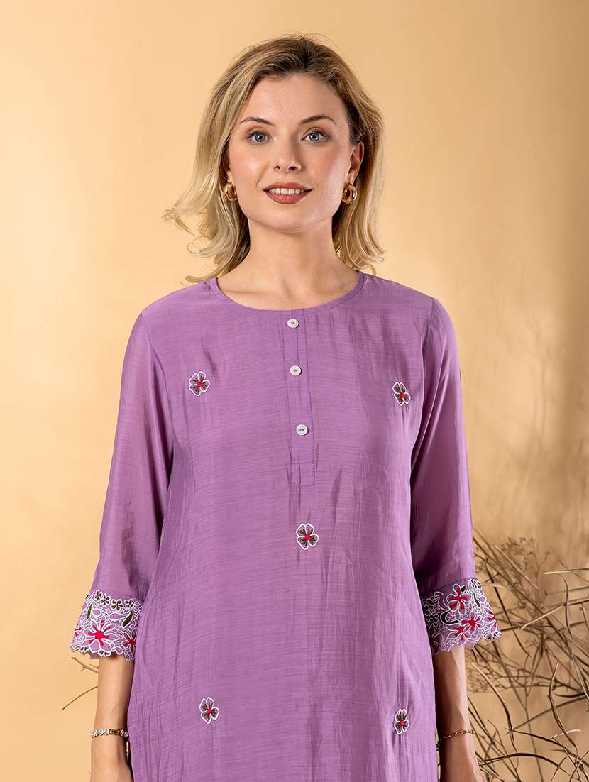 women solid with work three quarter sleeve kurta pant with dupatta set - 22187514 -  Standard Image - 4