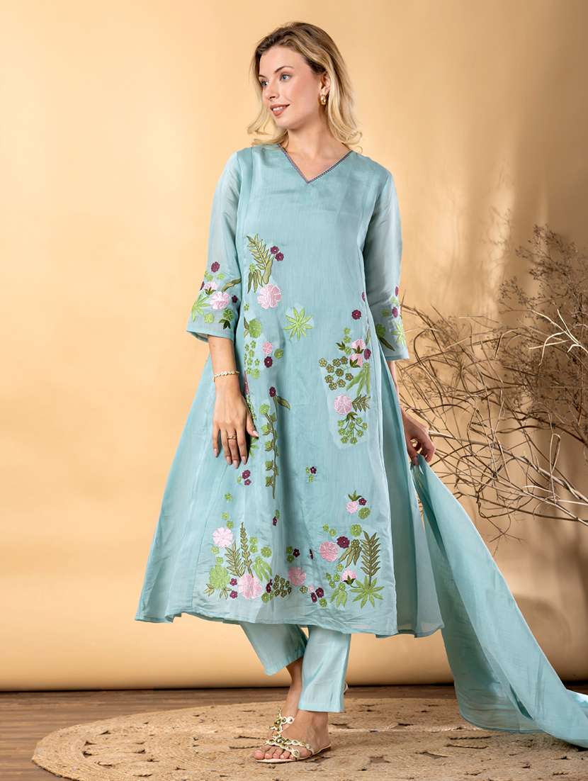 women solid with work three quarter sleeve kurta pant with dupatta set - 22187515 -  Standard Image - 1