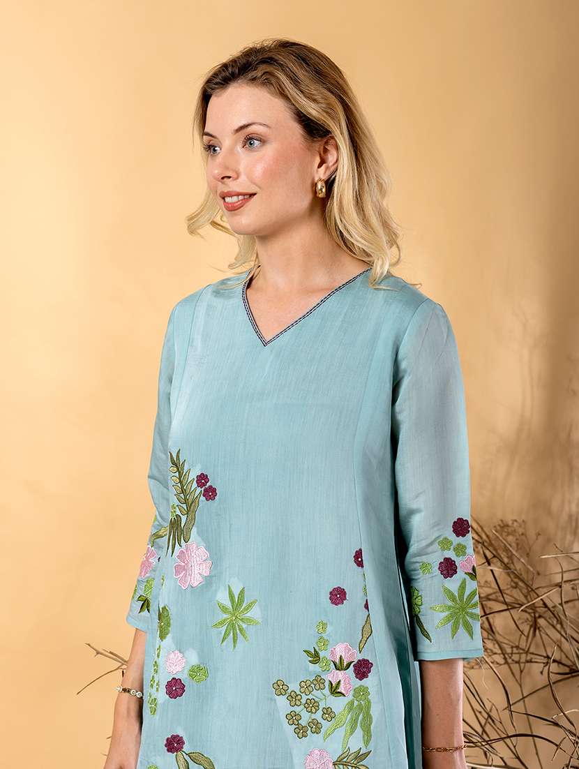 women solid with work three quarter sleeve kurta pant with dupatta set - 22187515 -  Standard Image - 4