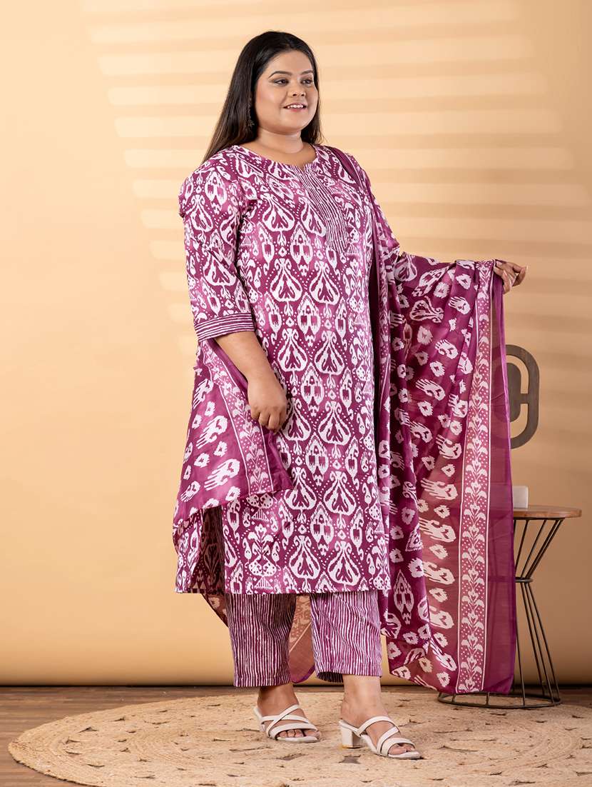 women plus size three quarter sleeve kurta pant with dupatta set - 22187527 -  Standard Image - 1