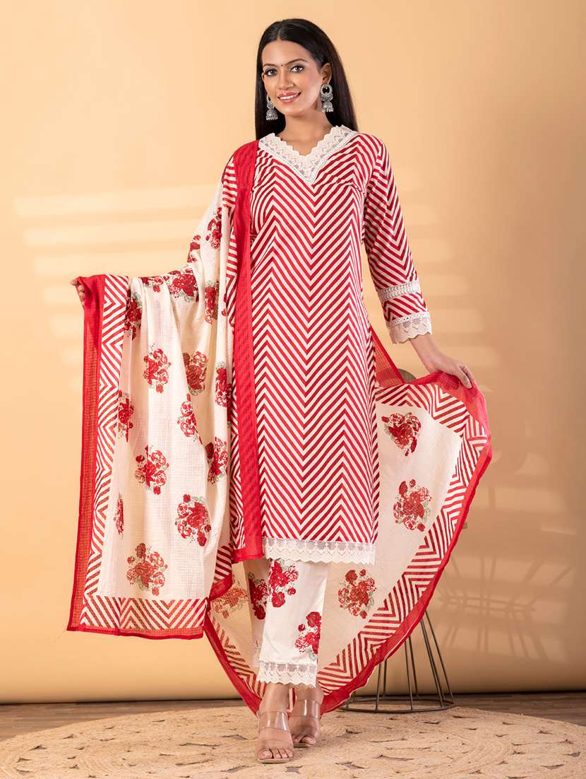 women chevron three quarter sleeve kurta pant with dupatta set - 22187528 -  Standard Image - 1