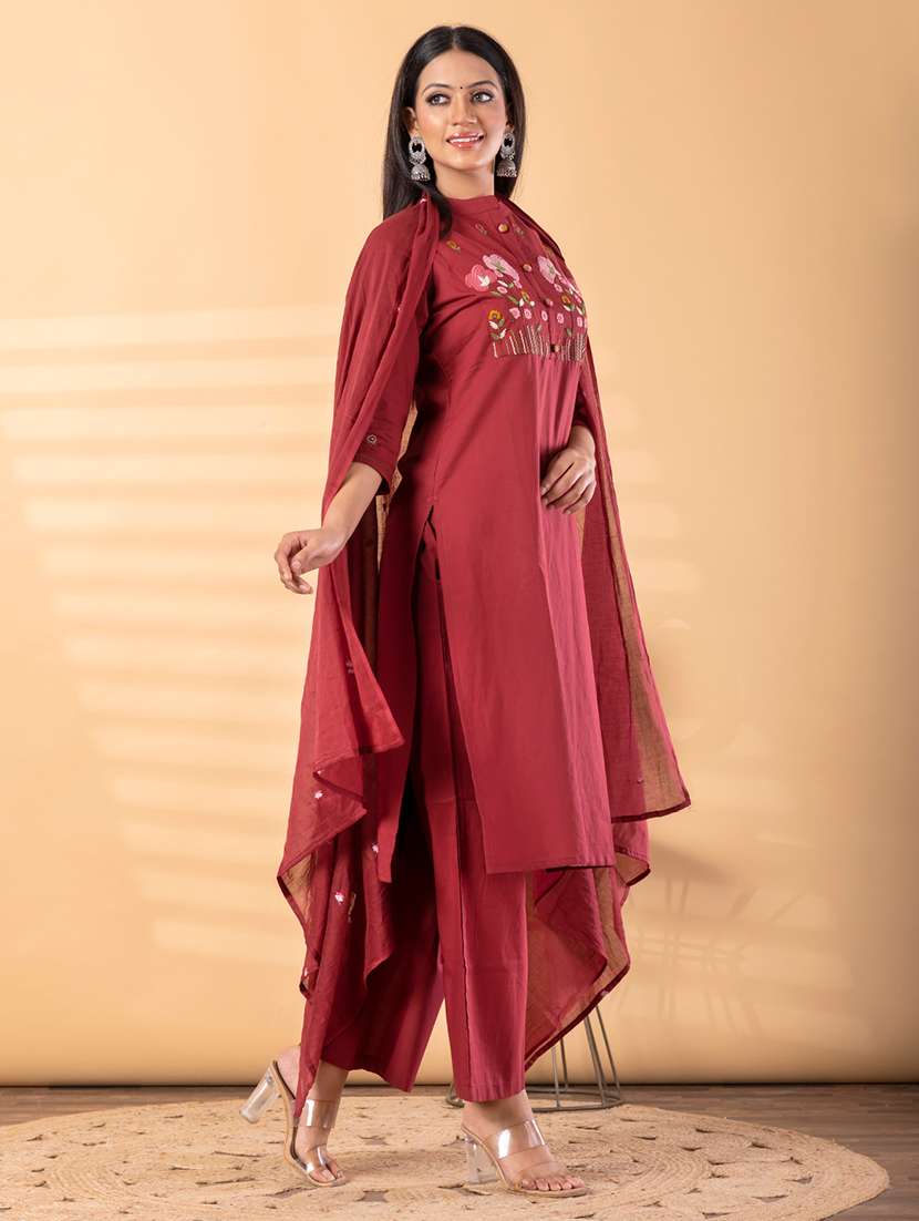 women solid with work three quarter sleeve kurta pant with dupatta set - 22187530 -  Standard Image - 1