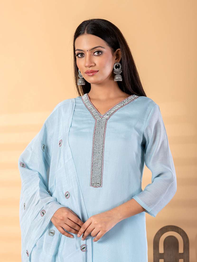 women solid with work three quarter sleeve kurta pant with dupatta set - 22187532 -  Standard Image - 4