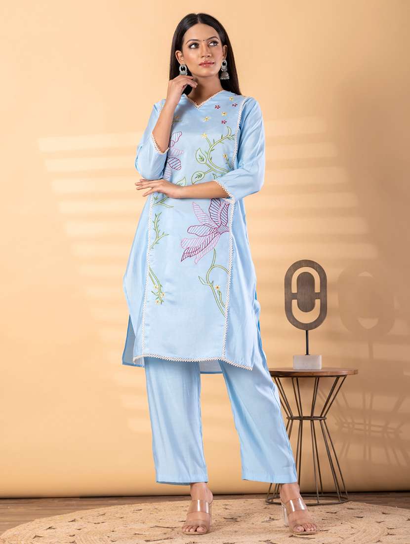 women solid with work three quarter sleeve kurta pant set - 22187533 -  Standard Image - 1