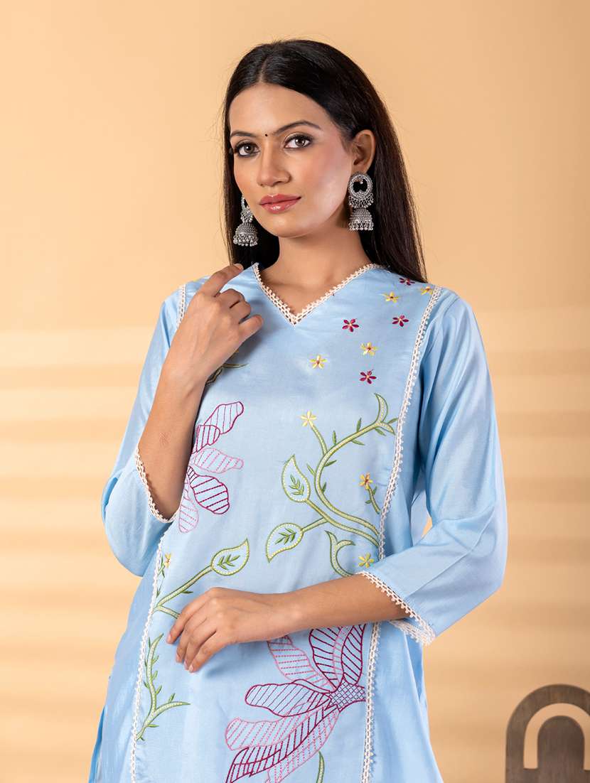 women solid with work three quarter sleeve kurta pant set - 22187533 -  Standard Image - 4