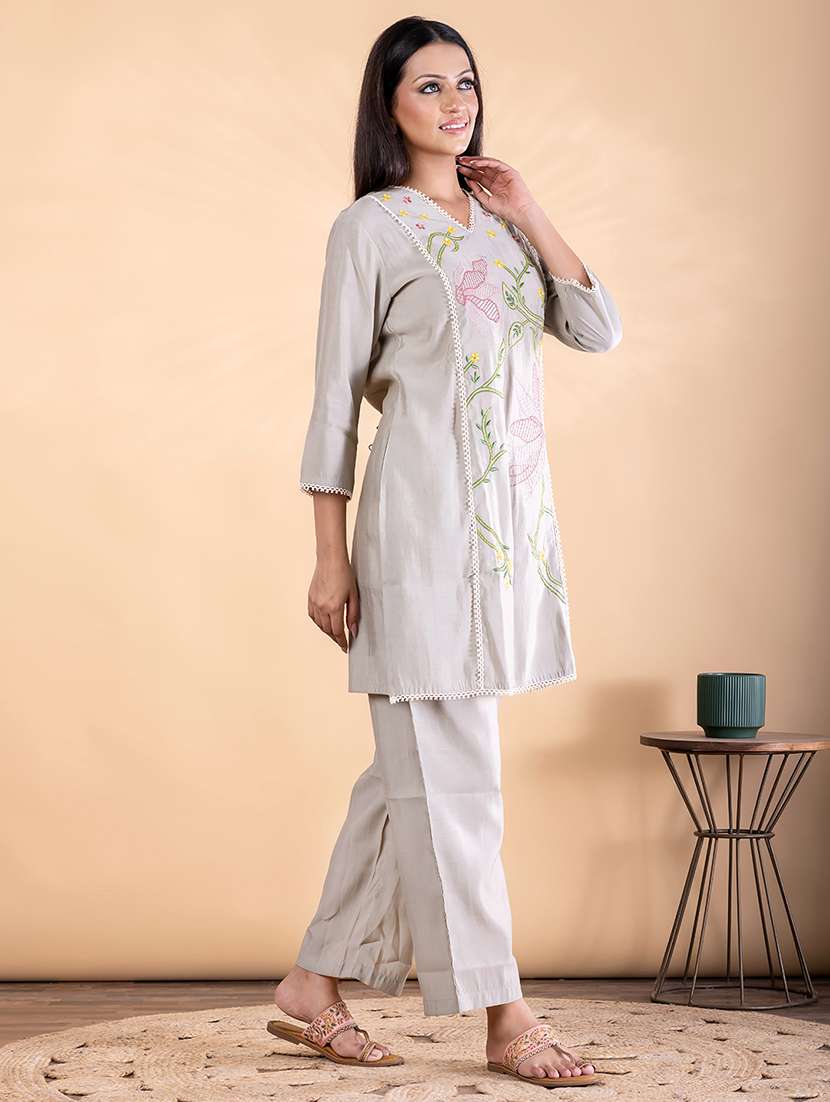 women solid with work three quarter sleeve kurta pant set - 22187534 -  Standard Image - 1