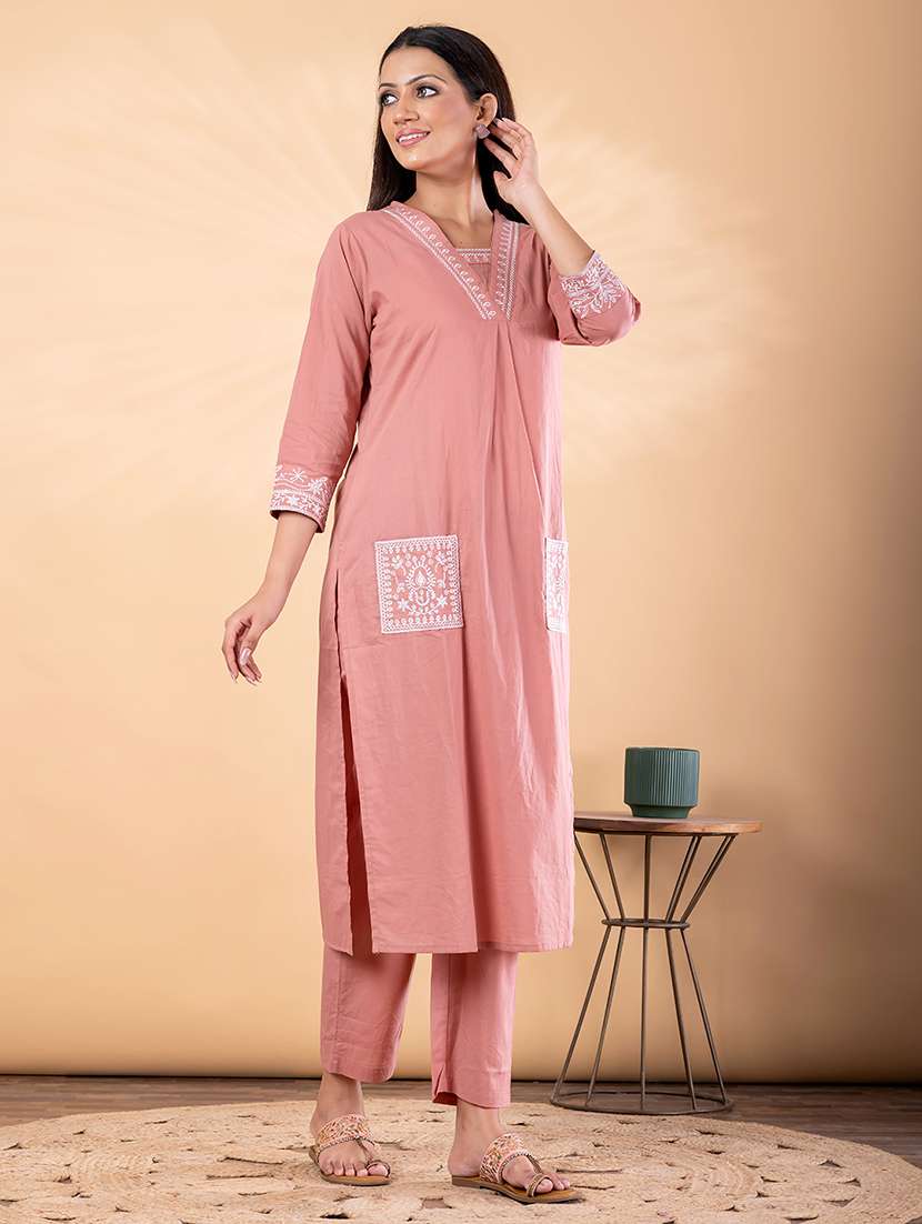 women solid with work three quarter sleeve kurta pant set - 22187538 -  Standard Image - 1