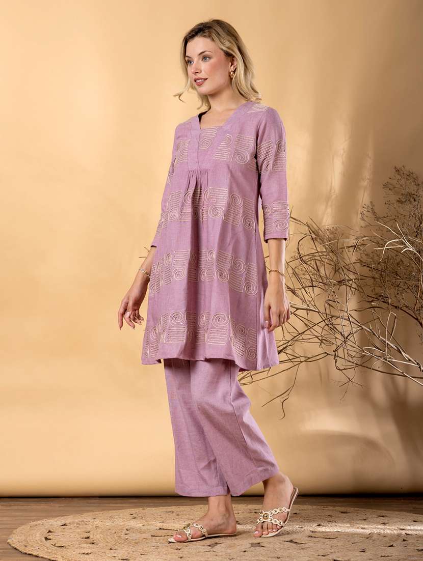 women solid with work three quarter sleeve kurta pant set - 22187552 -  Standard Image - 1