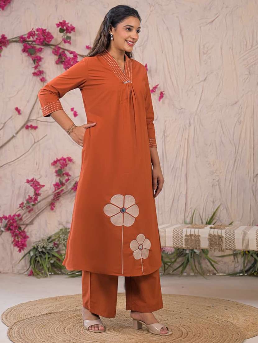 women solid with work three quarter sleeve kurta palazzo set  - 22187554 -  Standard Image - 1
