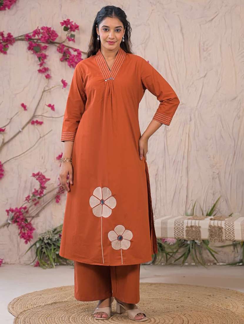 women solid with work three quarter sleeve kurta palazzo set  - 22187554 -  Standard Image - 4