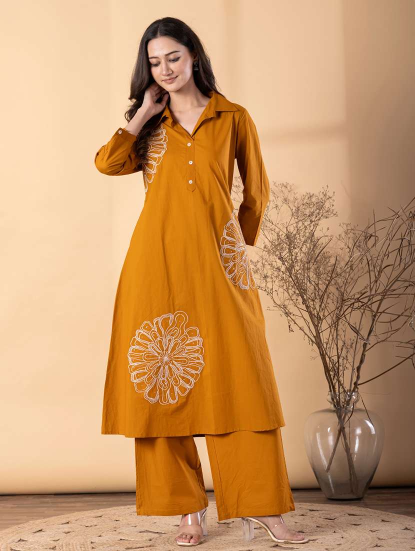 women solid with work three quarter sleeve kurta palazzo set - 22187563 -  Standard Image - 1