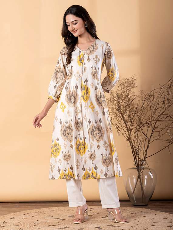 women ikat printed three quarter sleeve kurta pant set - 22187566 -  Standard Image - 1
