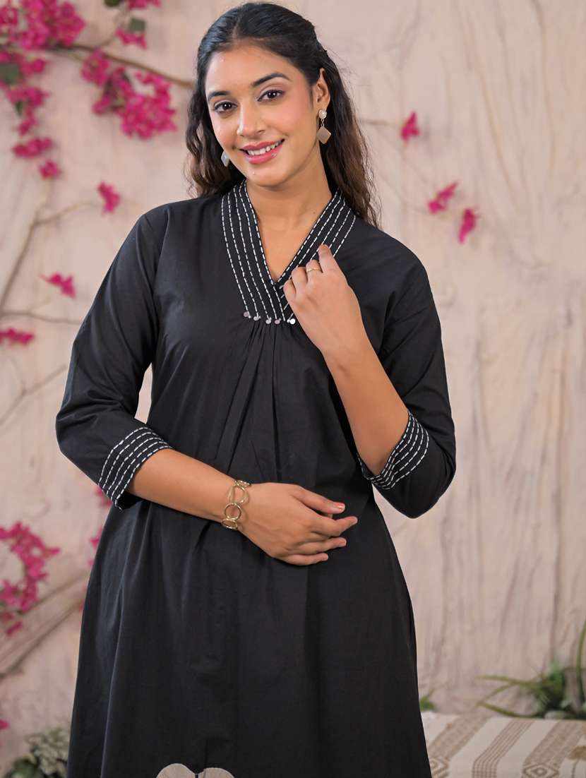 women solid with work three quarter sleeve kurta palazzo set - 22187569 -  Standard Image - 1