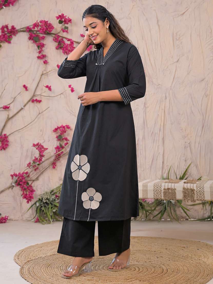 women solid with work three quarter sleeve kurta palazzo set - 22187569 -  Standard Image - 4