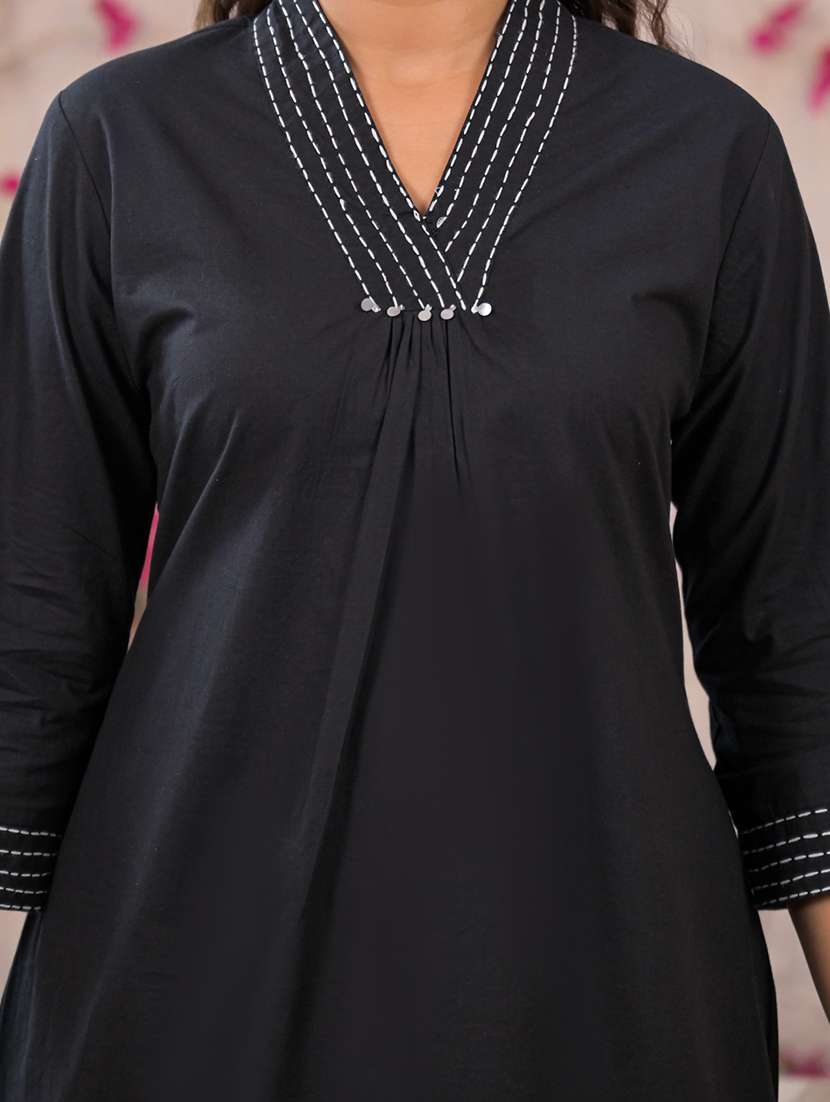 women solid with work three quarter sleeve kurta palazzo set - 22187569 -  Standard Image - 6