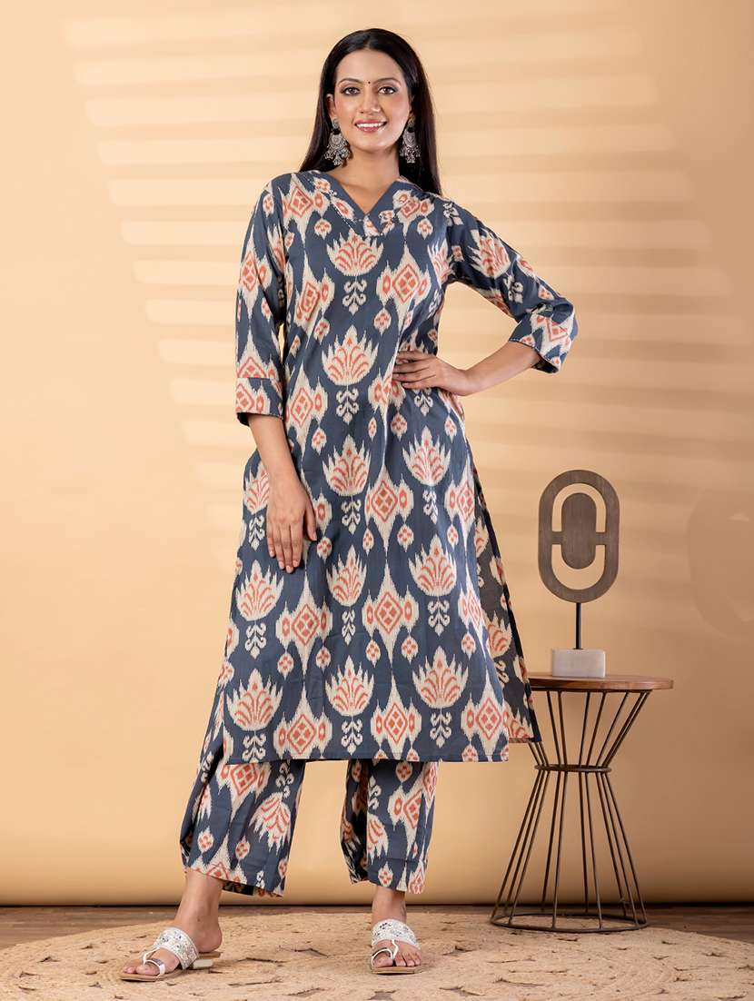 women ikat printed three quarter sleeve kurta palazzo set - 22187571 -  Standard Image - 1