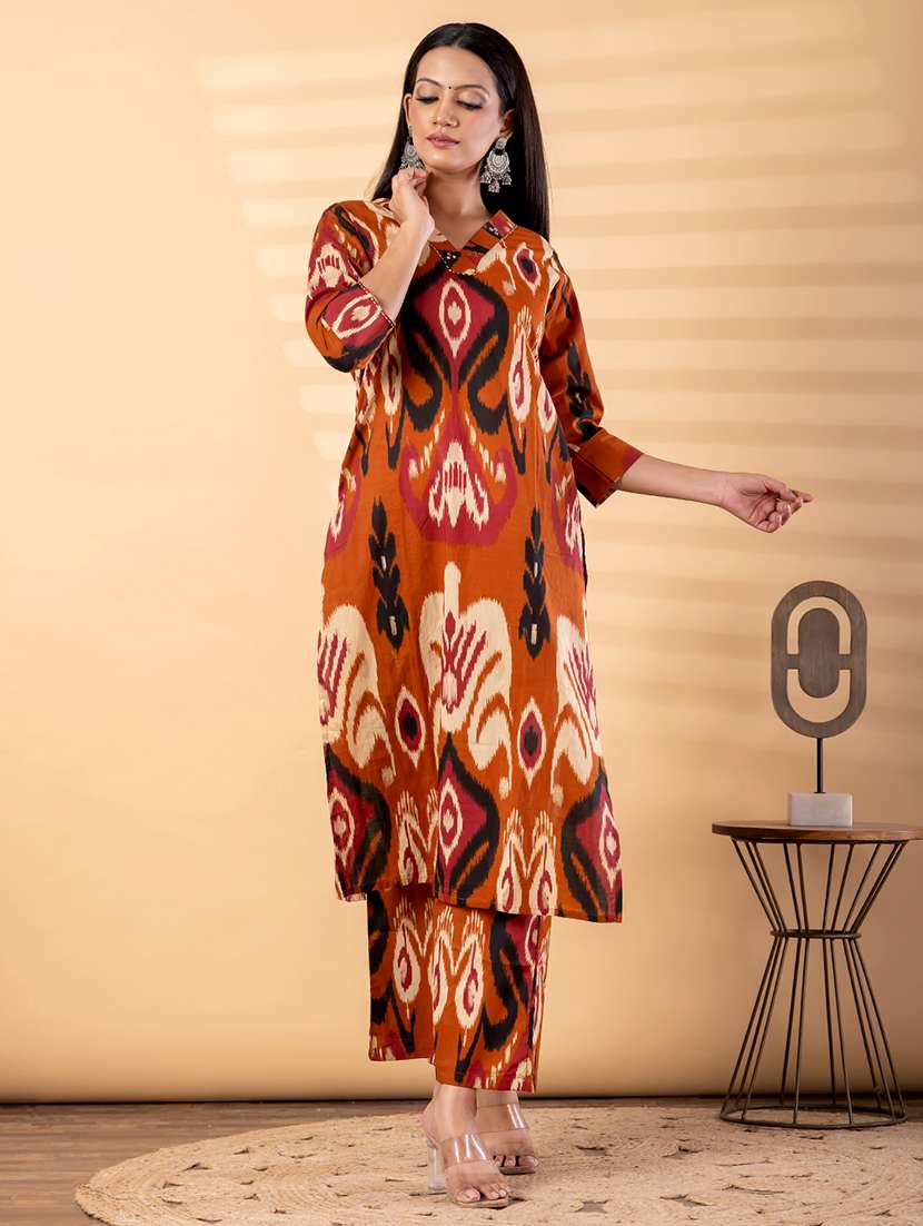 women ikat printed three quarter sleeve kurta palazzo set - 22187573 -  Standard Image - 1