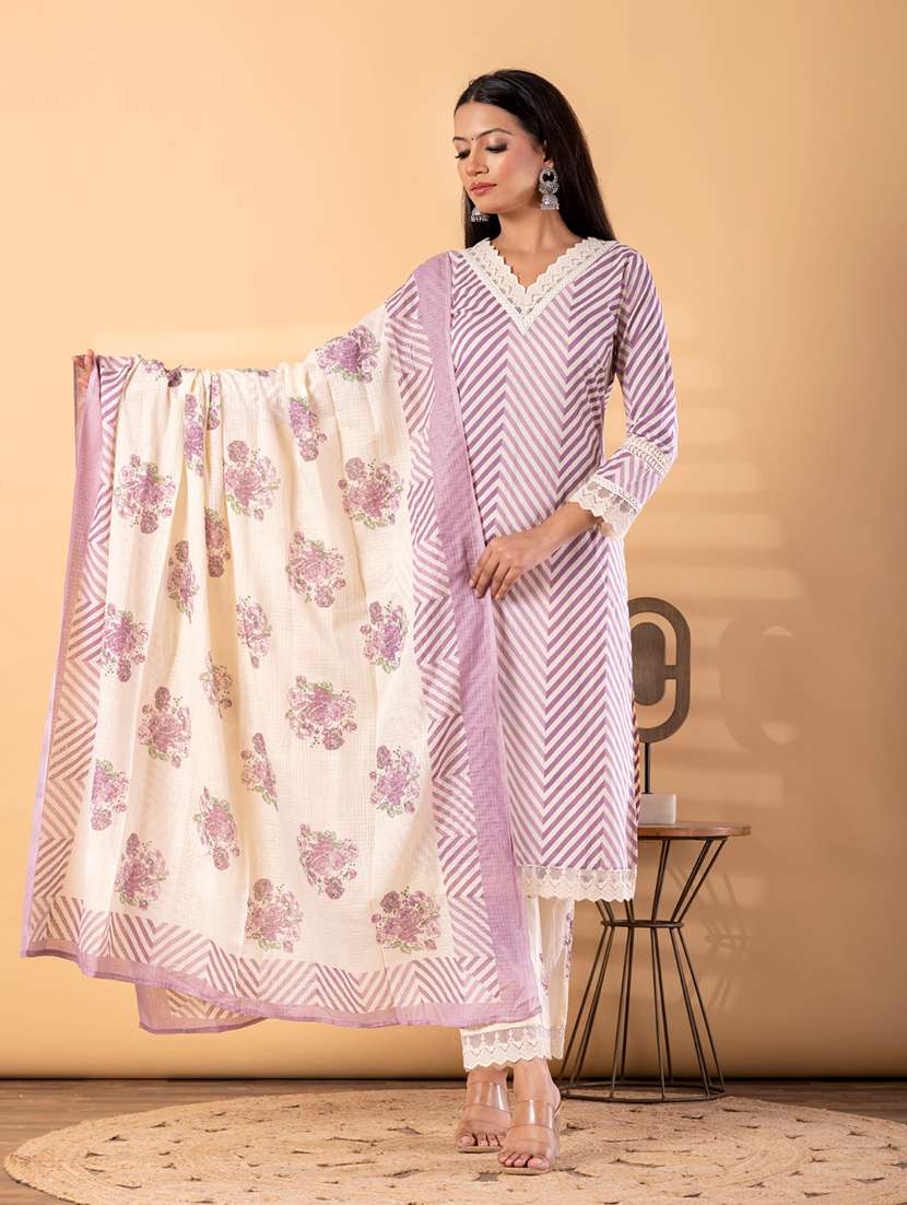 women chevron three quarter sleeve kurta pant with dupatta set - 22187581 -  Standard Image - 1