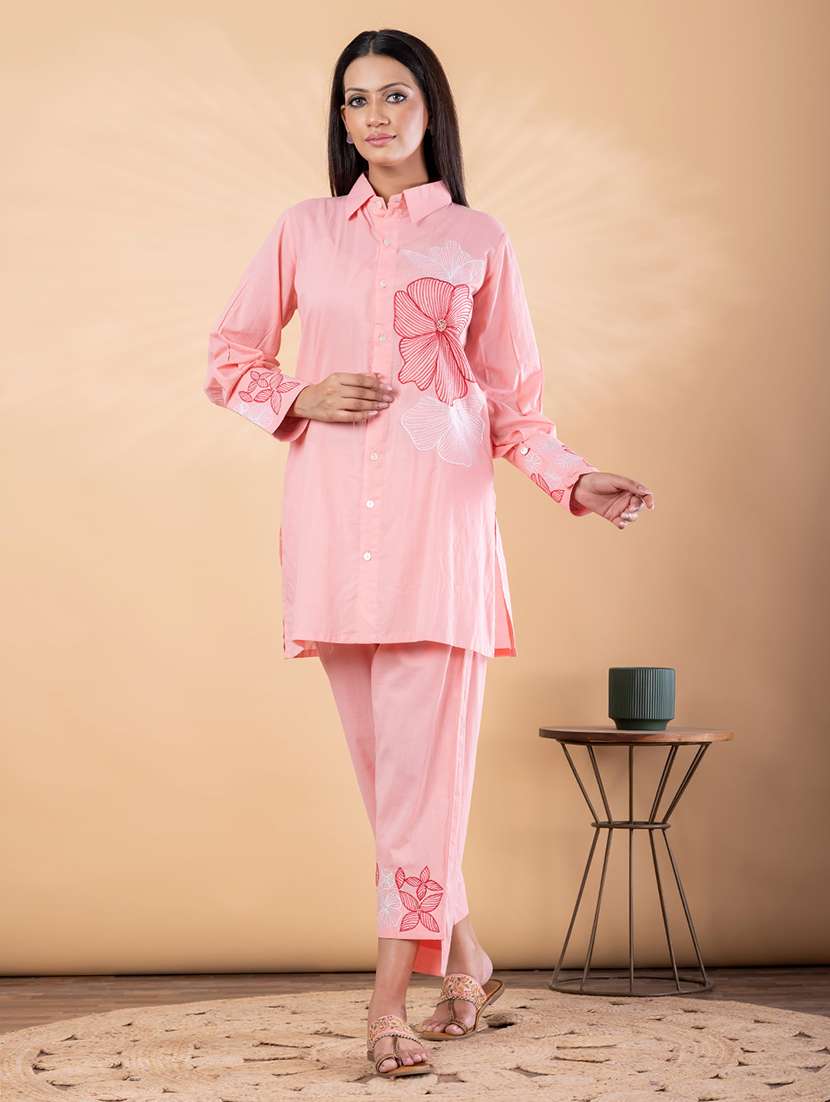 women solid with work long sleeve ethnic co-ord set - 22187635 -  Standard Image - 1