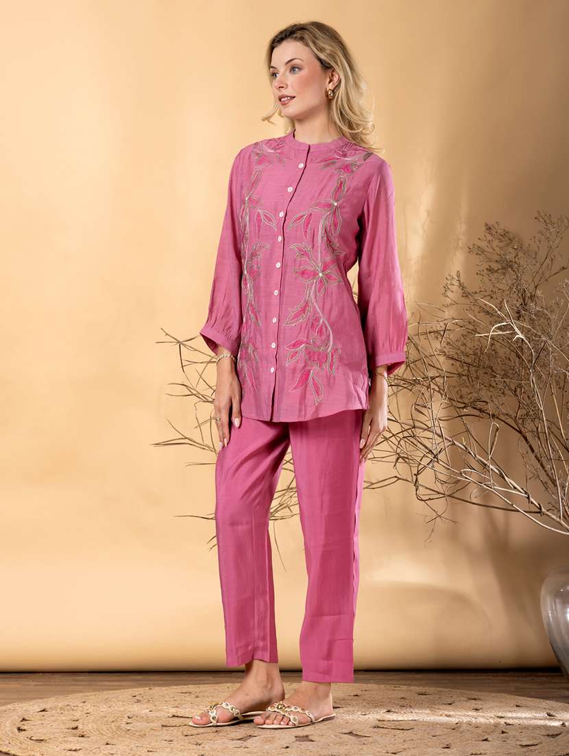 women solid with work long sleeve shirt & trouser co-ord set - 22187639 -  Standard Image - 1