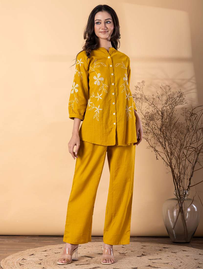 women solid with work three quarter sleeve shirt & trouser co-ord set - 22187644 -  Standard Image - 1