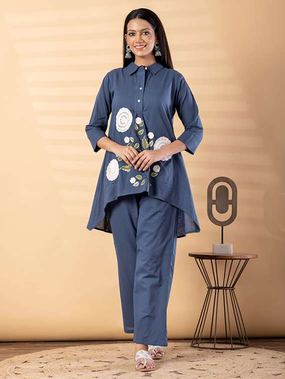 women solid with work three quarter sleeve shirt & trouser co-ord set