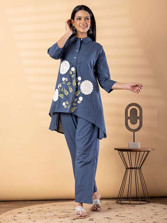 women solid with work three quarter sleeve shirt & trouser co-ord set - 22187651 -  Standard Image - 1