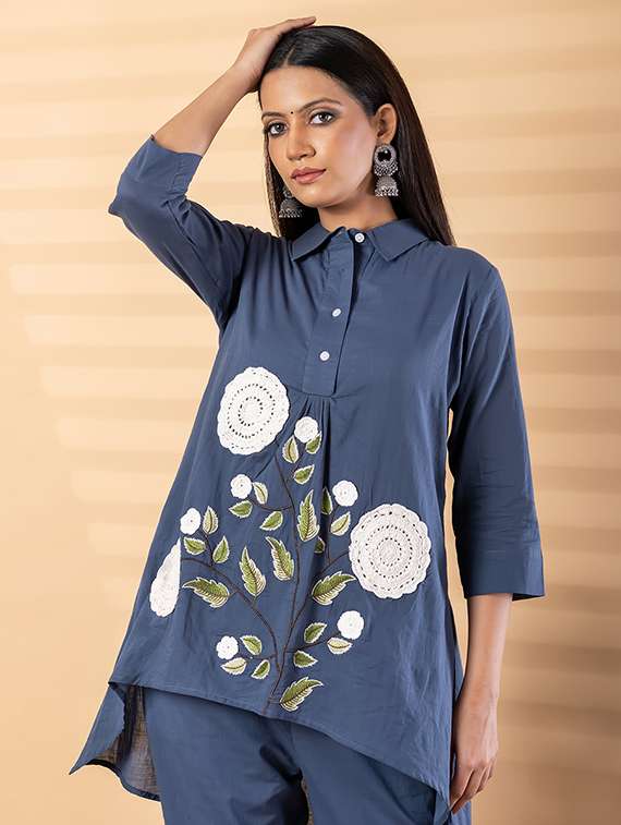 women solid with work three quarter sleeve shirt & trouser co-ord set - 22187651 -  Standard Image - 4