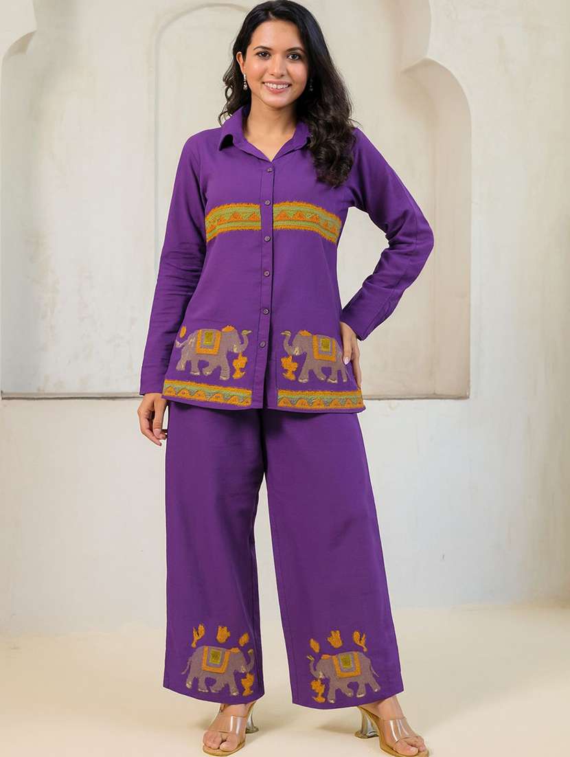 women solid with work long sleeve ethnic co-ord set