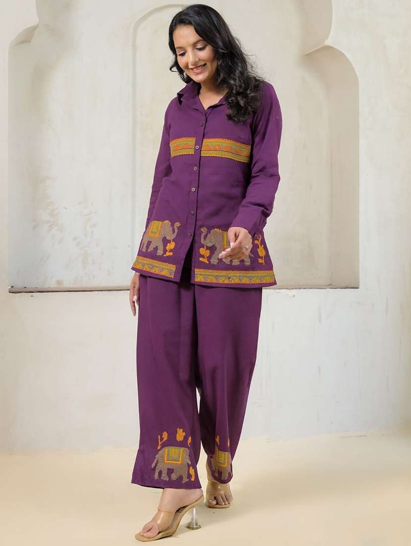 women solid with work long sleeve ethnic co-ord set - 22187653 -  Standard Image - 1