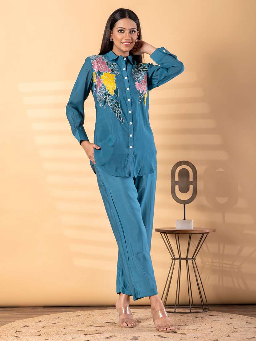 women solid with work long sleeve shirt & trouser co-ord set - 22187655 -  Standard Image - 1