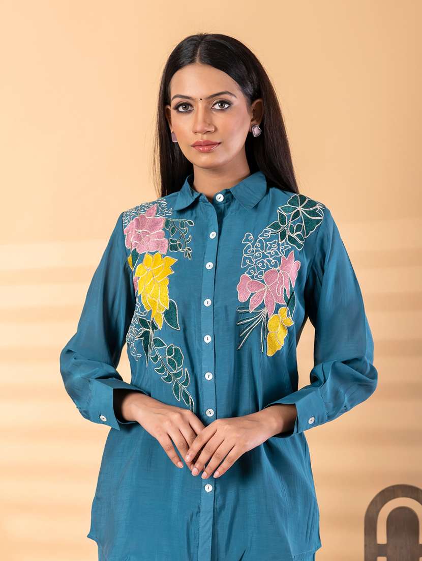 women solid with work long sleeve shirt & trouser co-ord set - 22187655 -  Standard Image - 4