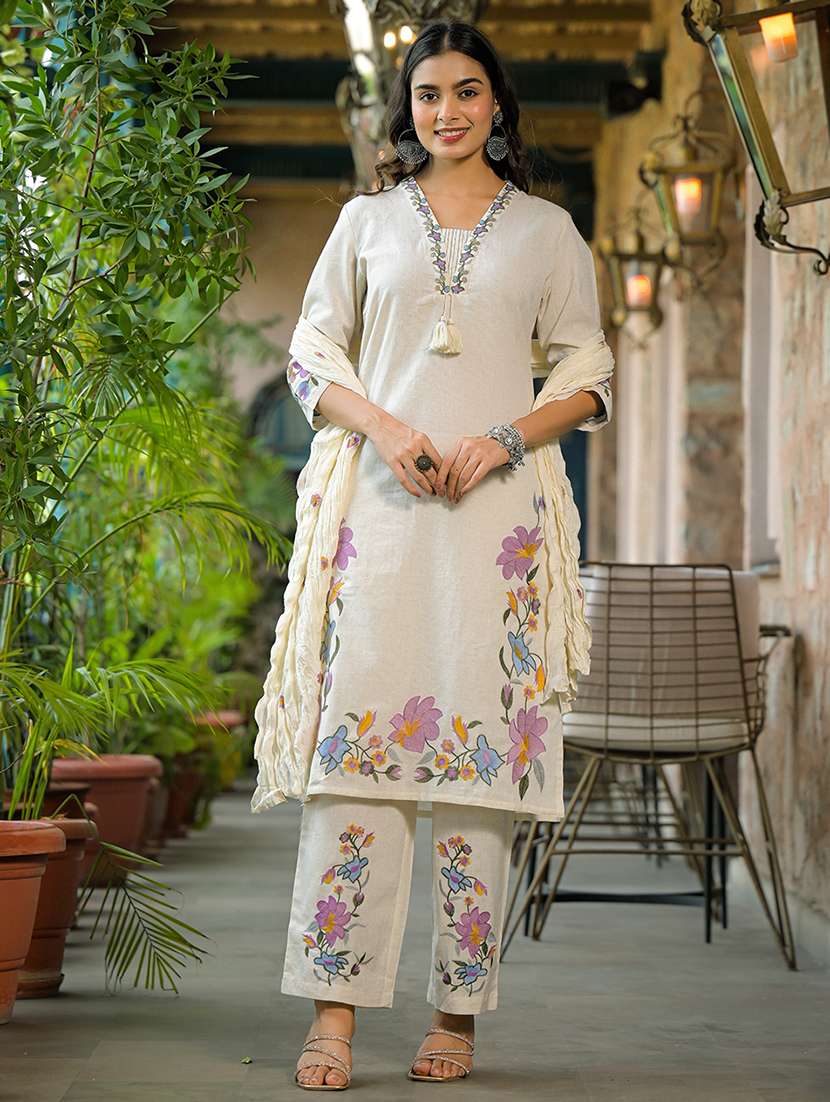 women solid with work three quarter sleeve kurta pant with dupatta set - 22187656 -  Standard Image - 1