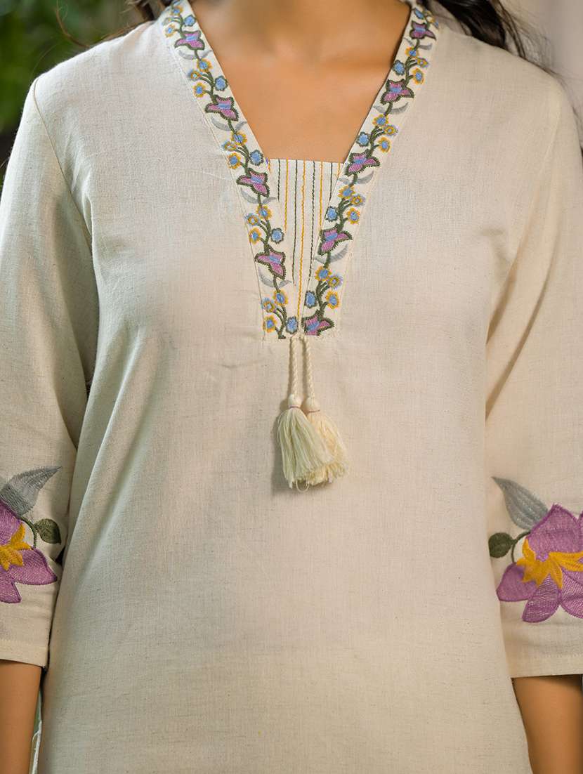 women solid with work three quarter sleeve kurta pant with dupatta set - 22187656 -  Standard Image - 6