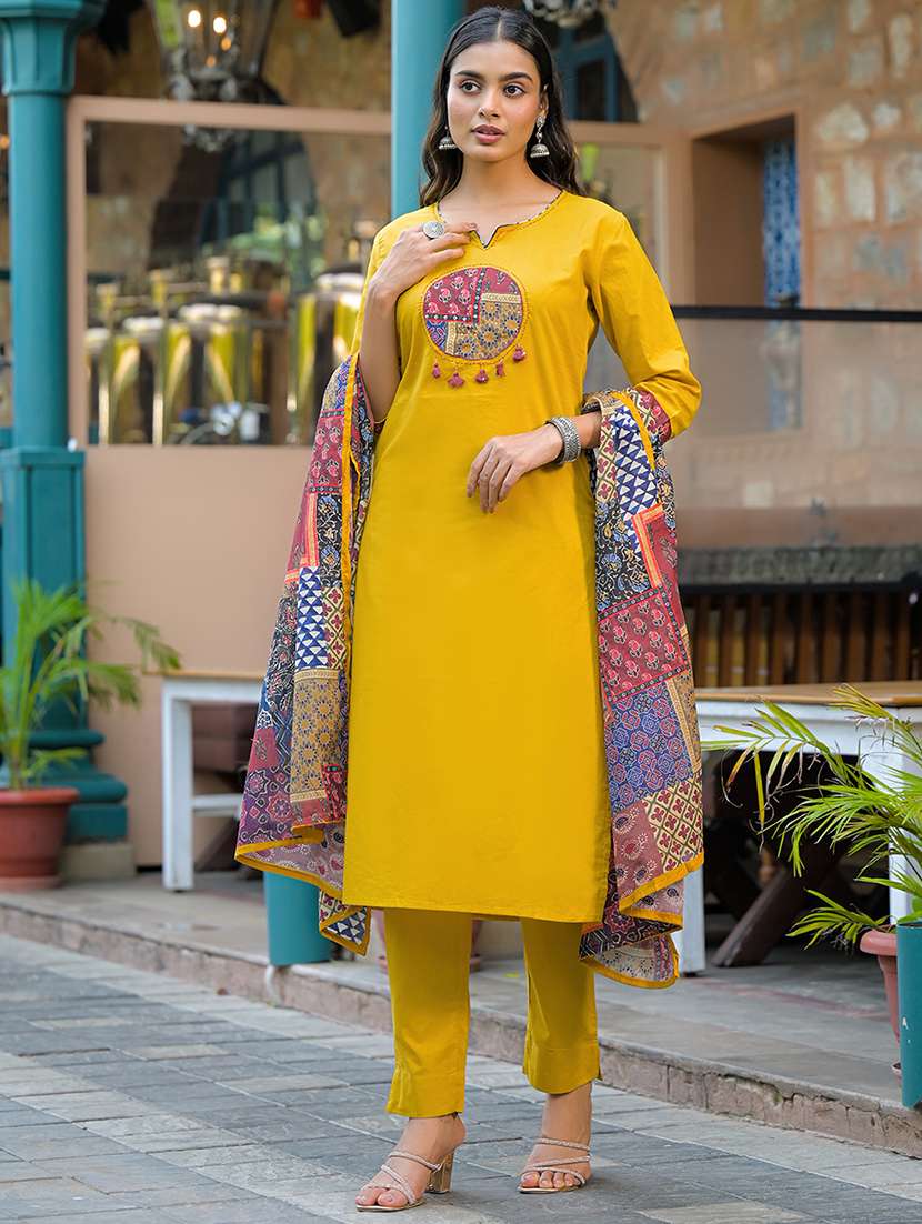 women solid with work three quarter sleeve kurta pant with dupatta set - 22187658 -  Standard Image - 1