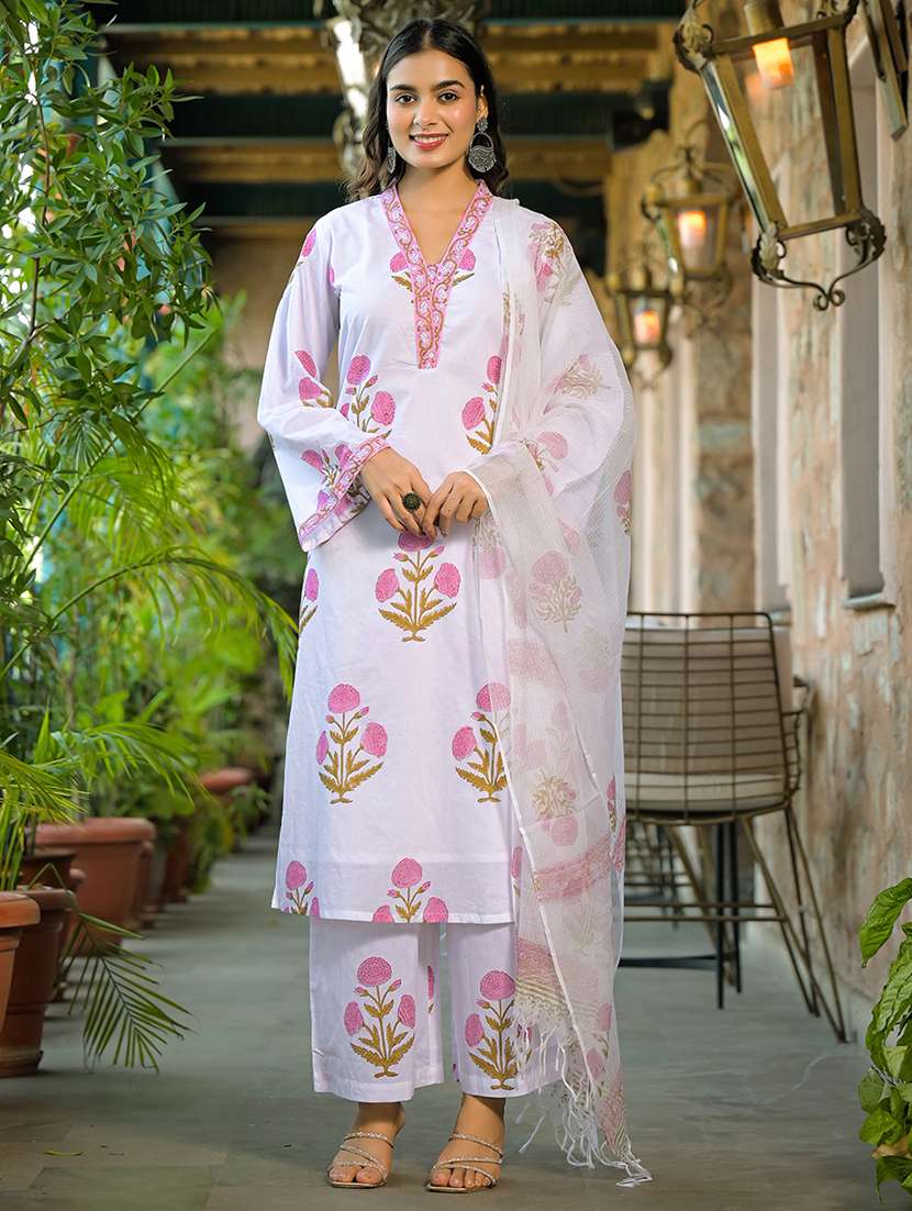 women floral long sleeve kurta pant with dupatta set